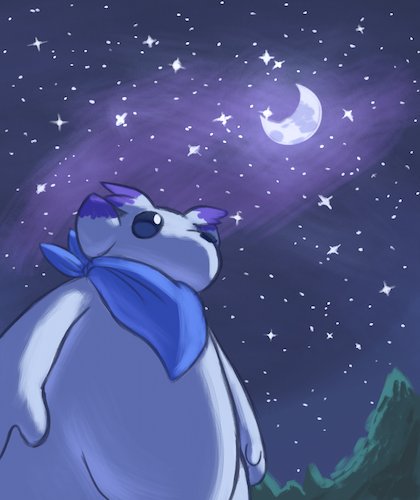 drawing of my sona auro from a low angle. they are looking up into a night sky illuminated by star and a crescent moon.